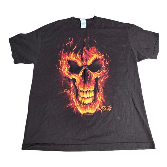 Vtg  Skull Flames Exile Shirt Brown Orange XL Emo Goth Skater Grunge Y2K BH - Picture 1 of 7